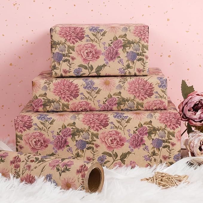 RayofSun Kraft Floral Wrapping Paper Roll 17 in x 16.5 ft Mini Roll Vintage Wildflower Pink Flower Gift Wrap Paper for All Occasion Wedding Birthday Bridal Shower Party Wrapping Supplies