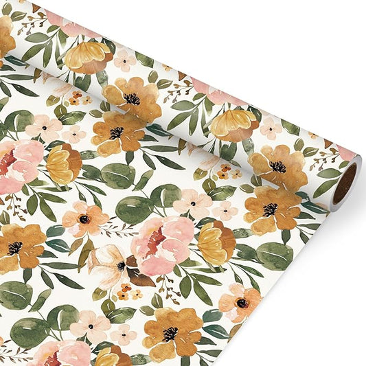 JarThenaAMCS Boho Floral Wrapping Paper Roll 16.9 In x 32.8Ft Spring Flower Gift Wrap Paper Watercolor Decorative Art Paper for Wedding Baby Shower Birthday Gift Packing Supplies