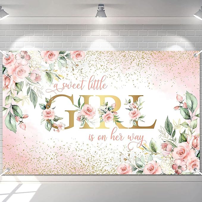 Avezano Girl Baby Shower Backdrop Pink Floral Sweet Baby Baby Shower Banner A Sweet Little Girl is on Her Way Party Decorations Banner 70.8 x 43.3 Inch