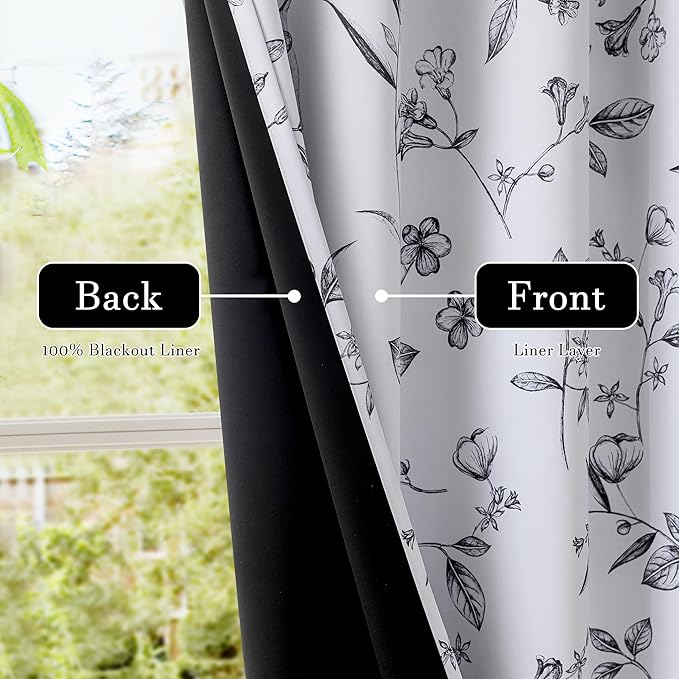 ChrisDowa 100% Blackout Floral Curtains 84 Inches Long 2 Panels for Bedroom Living Room Black Flower Patterned Room Darkening Thermal Insulated Soundproof Grommet Window Treatments Drapes,52X84