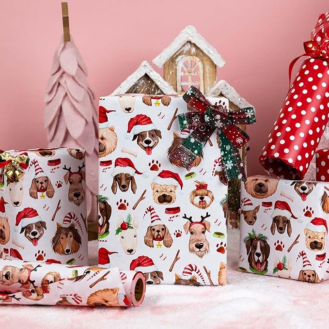 MAYPLUSS Christmas Wrapping Paper Roll - 17 Inch X 33 Feet - Cute Dog Hat Reversible Polka Dot Gift Wrapping Paper, Thick Wrap Paper for Holiday Party New Year Kids