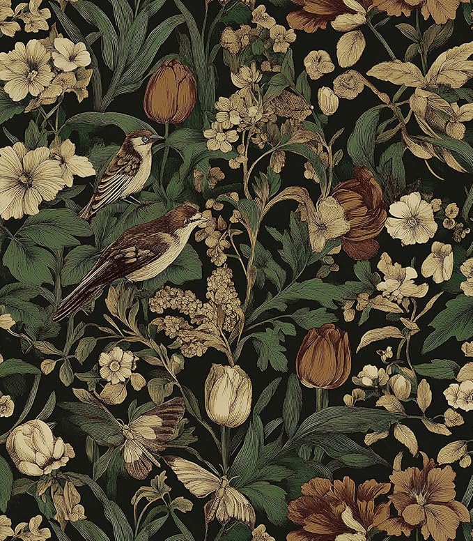 Erfoni 17.3" x118" Vintage Floral Peel and Stick Wallpaper Dark Floral and Bird Contact Paper DIY Self Adhesive Removable Wallpaper for Bedroom Cabinets Decor Retro Boho Flower Leaf Wall Paper