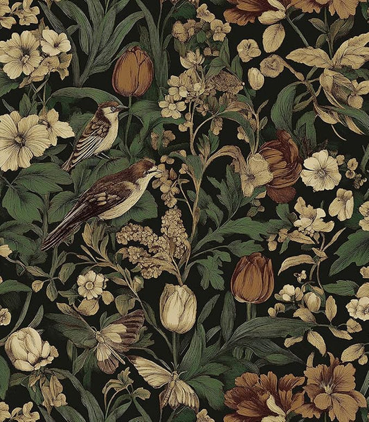 Erfoni 17.3" x118" Vintage Floral Peel and Stick Wallpaper Dark Floral and Bird Contact Paper DIY Self Adhesive Removable Wallpaper for Bedroom Cabinets Decor Retro Boho Flower Leaf Wall Paper