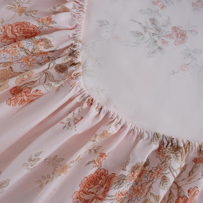 Zusbest King Size Sheets 100% Percale Cotton Orange Floral Bed Sheet Set, Brushed for Extra Softness, Breathable Luxury Flannel Sheets Like Shabby Vintage Flower Print Deep Pocket Bed Set 17.5'' 4 Pcs