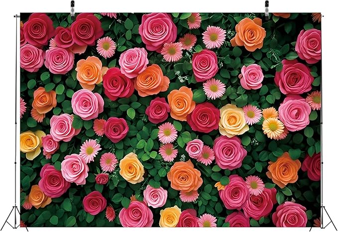 Flowers Backdrop for Photography Colorful Rose Floral Green Leaf Wall Backdrop for Valentine's Day Wedding Bridal Shower Birthday Party Decoration Supplies (82x59 inch (7x5FT))