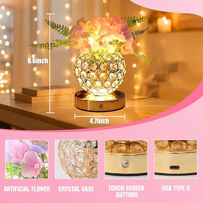 Pink Artificial Hydrangea Flower Lamp, 3 Color Dimmable Touch Control Night Light, Christmas Birthday Gifts for Women, Artificial Hydrangea Flower Table Lamp Decor for Bedroom Bar Coffee Shop Wedding