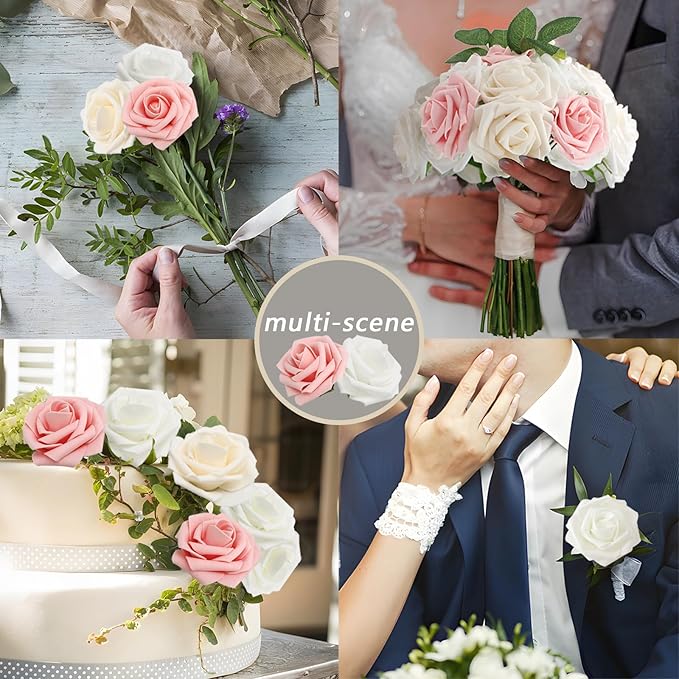 50PCS Artificial Flowers Champagne/Pink/White Roses Real Looking Foam Fake Roses with Leaves and for DIY Wedding Bouquets Bridal Shower Centerpieces Party Decorations (Champagne Series, 50)