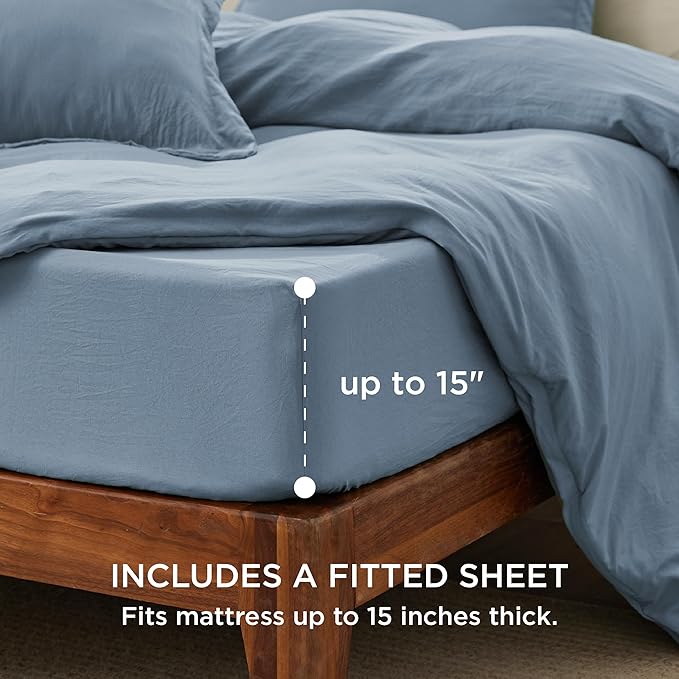 Bedsure Duvet Cover Queen Size with Fitted Sheet - 4 Pieces Prewashed Cotton-Like Extra Soft Bedding Set, Includes 1 Duvet Cover 90x90 Inches, 2 Pillow Shams, 1 Fitted Sheet, Mineral Blue