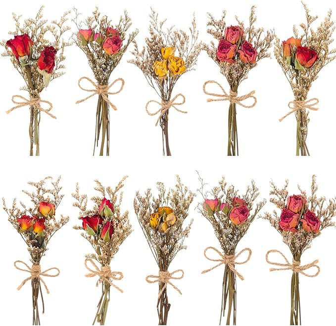 VAIPI 10 Pack Red Rose Dried Flower Bouquets Natural Real Dry Flowers with Stem Mini Roses Flower Bundles Dried Floral Arrangement for Vase, Carfts, Wedding, Valentines Day, Anniversary, Home Decor