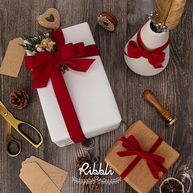 Ribbli Polyester Dark Red Velvet Ribbon,3/8 Inches Continuous10-Yard Spool,Christmas Ribbon for Gift Wrapping,Floral Bouquets, Home Decor