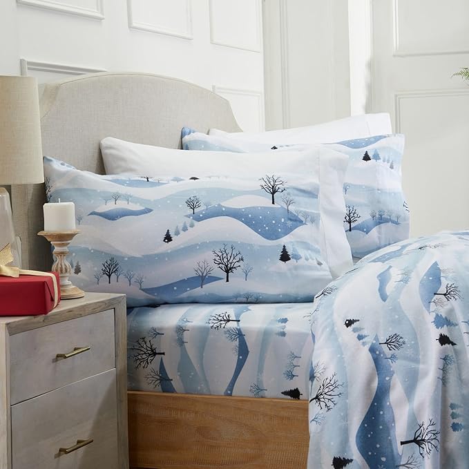 Market & Place 100% Cotton Queen Flannel Sheet Set | 4 Piece Deep Pocket Novelty Cozy Winter Bed Sheets | Double Brushed for Extra Softness & Comfort | Alpine Collection (Queen, Winter Landscape)