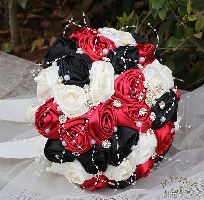 Bridal Wedding Bouquet Round Bling Brooch Bouquet Throw Toss Artificial Rose Flower Bunch for Bride Bridesmaid Wedding Quinceanera(Ruby Red, Black & Ivory, 8.7")