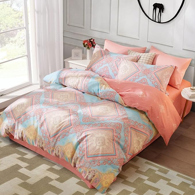 SAPHREAS Pink Bohemian Duvet Cover Set King Size 3pcs 100% Cotton Boho Pattern Comforter Cover Set 1 Duvet Cover 2 Pillow Shams