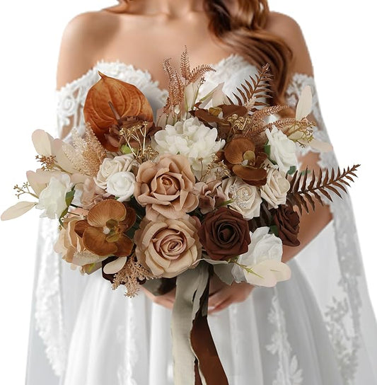 14 Inch Walnut Brown Bridal Bouquet,Wedding Bouquet,Bride Bouquets for Wedding Ceremony Anniversary, Boho Wedding,Party and French Rustic Vintage Wedding,Artificial Flowers