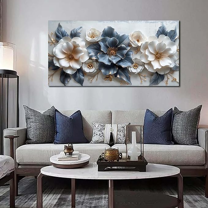 Blue and White Flower Pictures for Living Room Teen Bedroom Decor for Girls Wall Art for Women Office Decor Size 24" x 48"