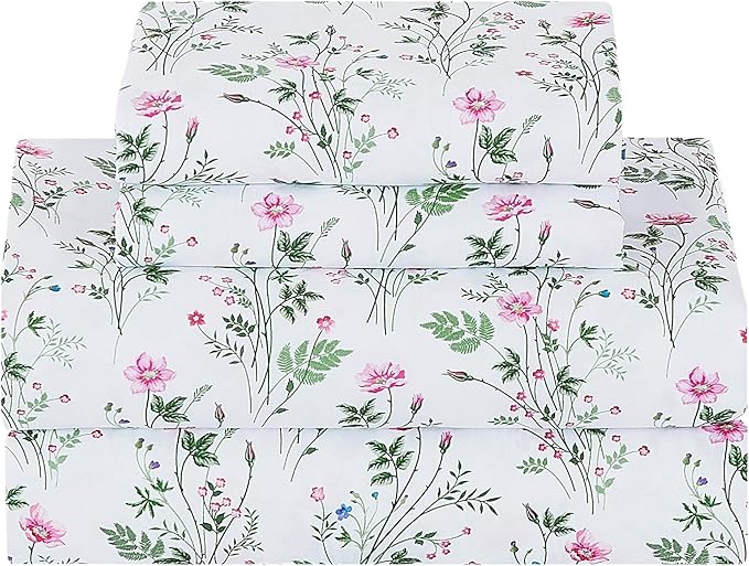 Softan Vintage Floral Full Bed Sheets, Cozy Microfiber Flower Printed Sheets with 15" Deep Pocket Fitted Sheet & Non-Slip Straps, Patterned Botanical Wildflower Sheets & Pillowcase Set