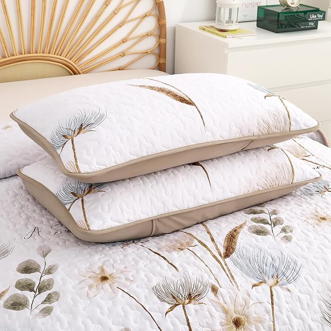 Dinjoy Floral Quilt Set Twin Size, Khaki Bedspreads for Girls 2 Pieces Cute Botanical Bedding Set Lightweight Farmhouse Quilts Soft Flower White Coverlet Sets for Women 68"x86"