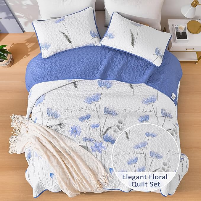 Dinjoy Floral Quilt Set Queen,Blue Bedspreads Queen Size 3 Pieces Cute Bedding Set Farmhouse Quilts Soft Flower Bedspreads White Coverlet Sets for All Season