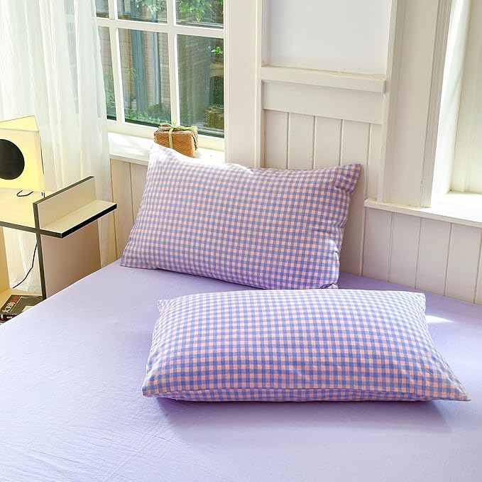 LifeTB Purple Gingham Comforter Set King Modern Plaid Checkered Pattern Comforter Soft Gingham Bedding Set Lightweight Purple Pink Grid Plaid Bedding Comforter Fluffy Checkered Comforter Set