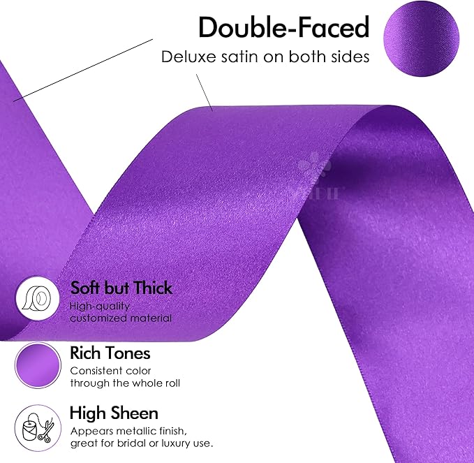 MEEDEE Purple Satin Ribbon 2 Inch Purple Ribbon Lux Double Faced Ribbons by 25 Yards Silk Satin Ribbons for Gift Wrapping, Weddings, Flower Bouquet, Holiday Decorating