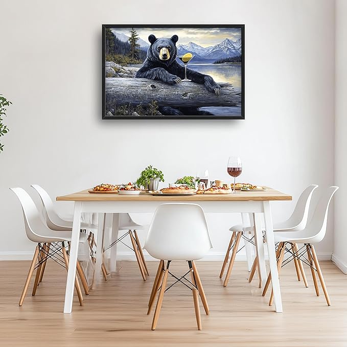 Forest Bear Large Decor Framed Wall Art Mountain Lake Cabin Pictures for Living Room, Black Bear Oversized Canvas Print Painting Modern Extra Large Framed Artwork for Bedroom Office 36"x24"
