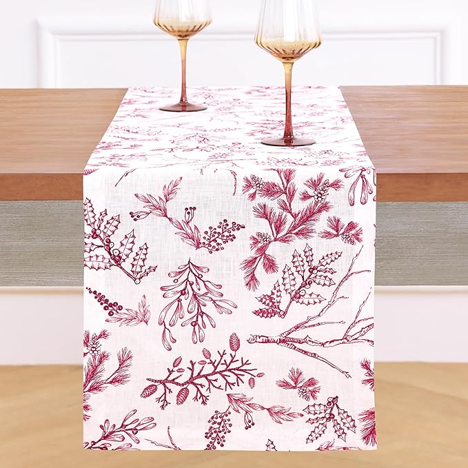 Solino Home 100% Pure Linen Christmas Table Runner 144 Inches Long - Red/White Table Runner 14 x 144 Inch - Handcrafted and Machine Washable - Winter Forest Print
