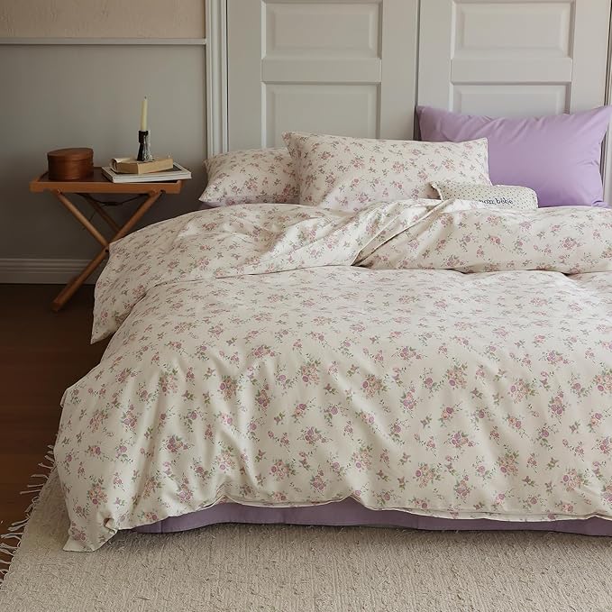 EAVD Botanical Floral Duvet Cover Twin Soft Cotton Chic Shabby Garden Pink Purple Floral Bedding Set with 2 Pillowcases Reversible Vintage Floral Comforter Cover with Zipper Closure