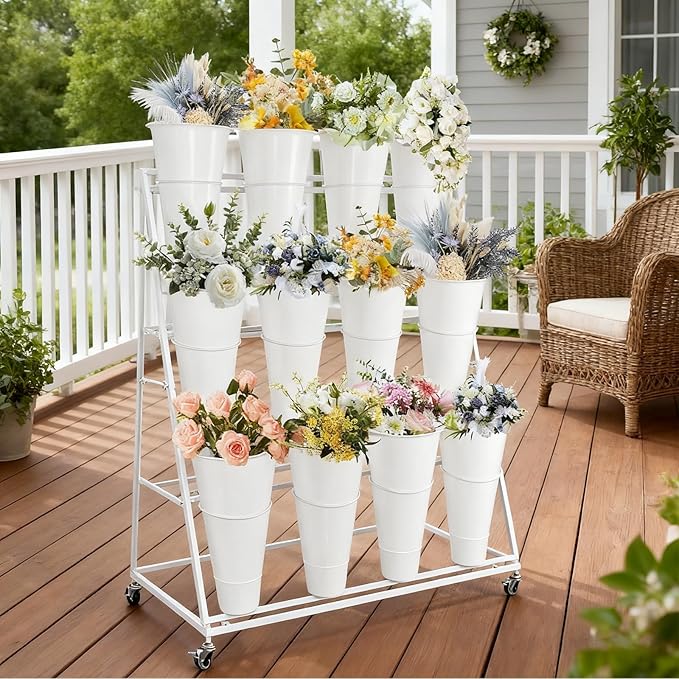 Flower Display Stand 3 Layers with 12 PCS Round Buckets, Plant Stand with Wheels, Movable Metal Plant Stand for Terrace Garden, Florist Shop, Wedding, Party, Easy to Install (White)