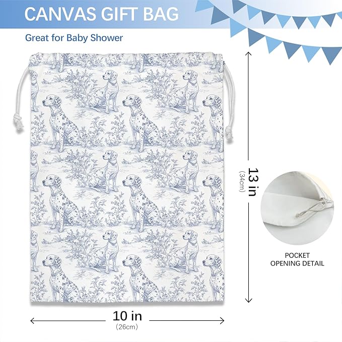 DSHFG Blue Chinoiserie Birthday Drawstring Gift Wrap Bags, Chinoiserie Dog Baby Shower Drawstring Gift Bags Canvas, Blue and White Small Happy Birthday Bag, Gifts for Women Dog Lovers, 10x13 Inch
