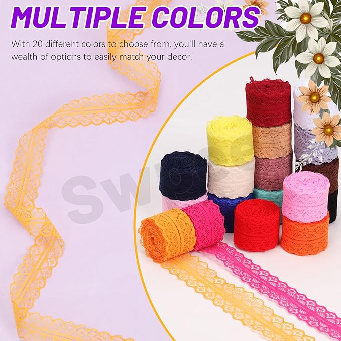 Swpeet 20 Rolls in Total 200 Yards 3cm×10 Yards Colorful Lace Ribbon Floral Pattern Fabric Bilateral Lace Ribbon, Vintage Lacing Trim Ribbons, Crafting Lacing for Decorating, Gift Wrapping, Wedding
