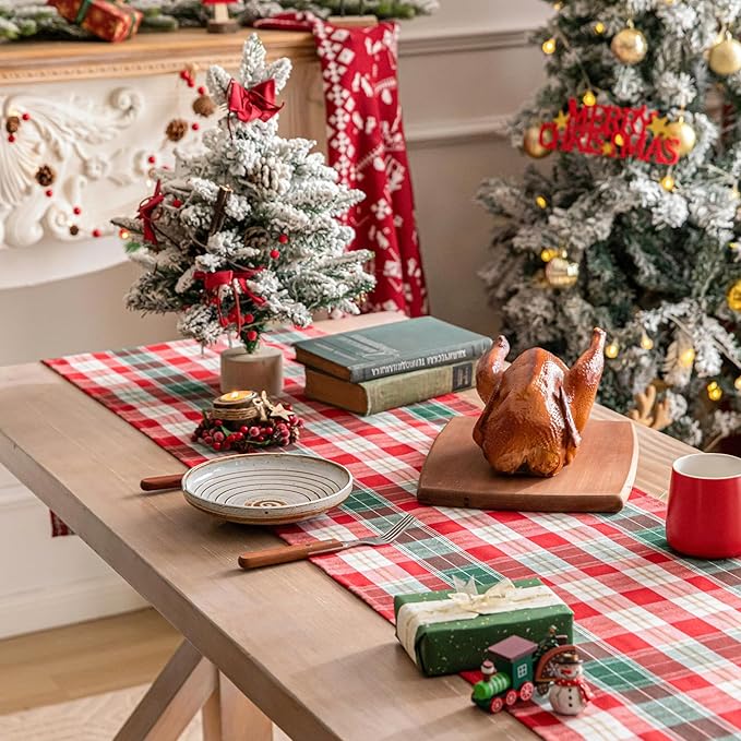 Red Gold Plaid Christmas Table Runner, Winter Holiday Table Runners 72 inches Long Xmas Decorations Indoor Outdoor Farmhouse Home Kitchen Dining Party Decor