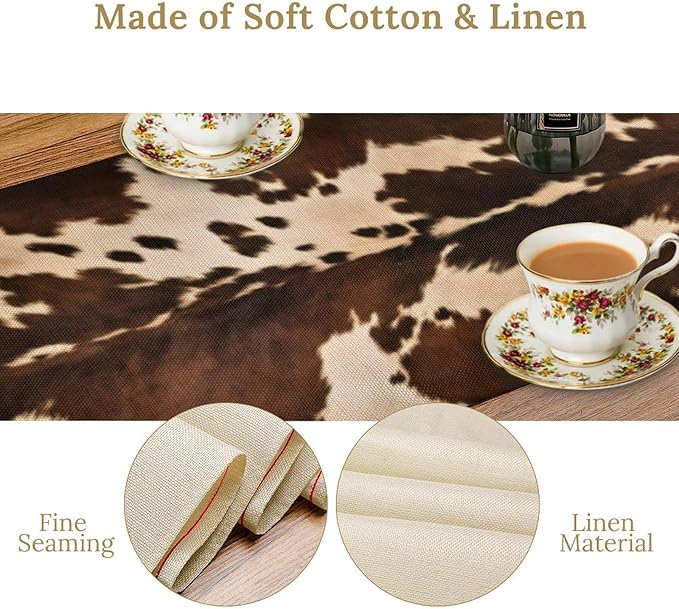 Cow Print Table Runner, Brown Cowhide Western Style Runner Country Farmhouse Cottage Patten Decoration for Home Kitchen Dining,13x60 Inch