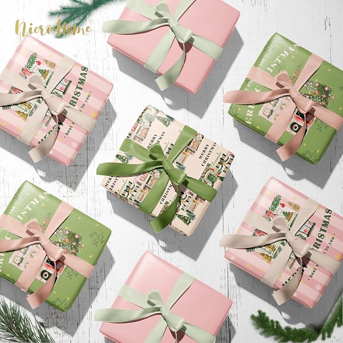 NICROHOME EUR 24 Sheets Christmas Tissue Paper, Sage Green Pink Tissue Wrapping Paper with Christmas Tree House Snowman Socks Pattern, Small Gifts Wrapping Paper for Xmas Crafts Gifts (15 X 20 Inch)