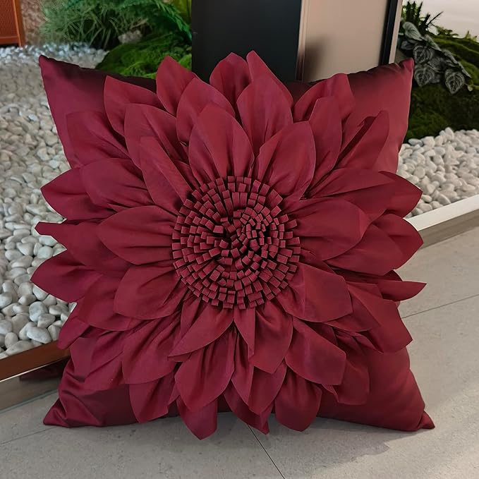 Bella's Giftshop 3D Sunflower Decorative Throw Pillow Covers for Bed Sofa Couch Car, Accent Floral Taffeta Cushion Cover, Handmade Pillow Cases Living Room Decor, 17x17 Inch-Burgundy
