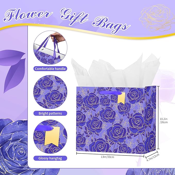 Bloomwords 13" Mother’s Day Gift Bags with Card Tissue(Rose Flower) - Birthdays, Valentine’s, Weddings, Anniversaries, Kit includes Card and Tissue Paper (Purple, 2 Piece)