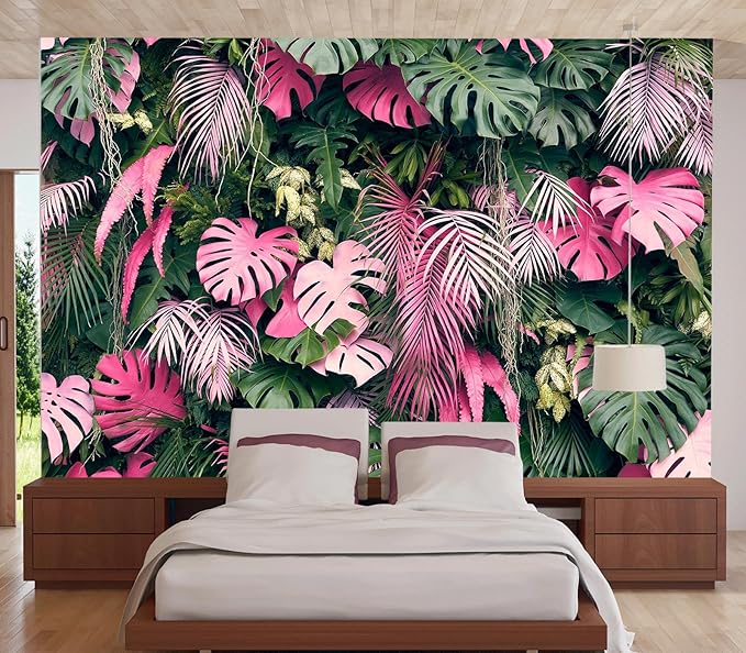 Cliouar-Leaves Green and Pink, Tropical Plants,Wall Mural Wallpaper Peel and Stick 160" x 114"