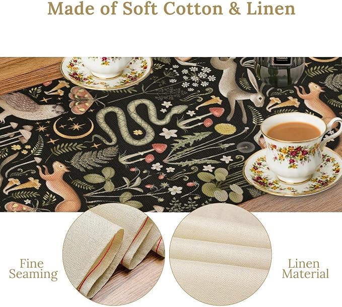 Farmhouse Forest Table Runner, Fairy Tale Woodland Wild Animals Moths Owl Snake Flowers Mushroom Kitchen Dining Table Runners for Indoor Outdoor Home Party Holiday Decor, 13x108inch