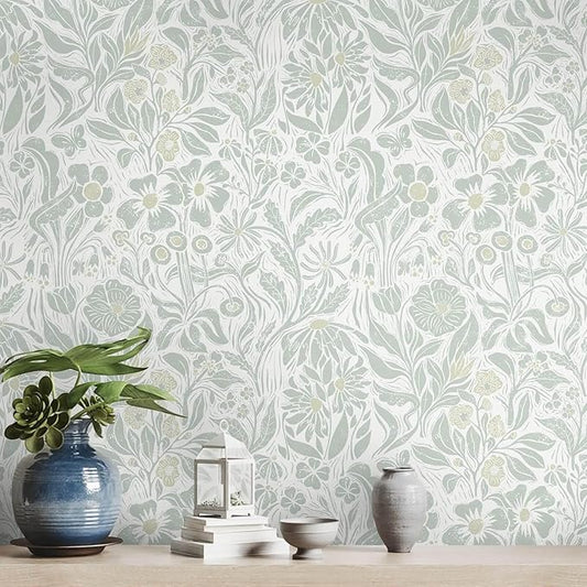 Heroad Contact Paper Floral Peel and Stick Wallpaper Green Botanical Wallpaper Self-Adhesive Removable Stick on Wall Paper for Cabinets Drawers Waterproof Bedroom Wall Decor Vinyl Roll 17.3''x393''