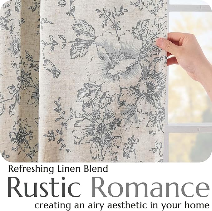 jinchan Blackout Linen Blend Curtain Grey Floral Blackout Curtains for Living Room 84 Inch Length Gray Printed with Lined Blackout Curtain for Bedroom Farmhouse Curtains Set 2 Panels