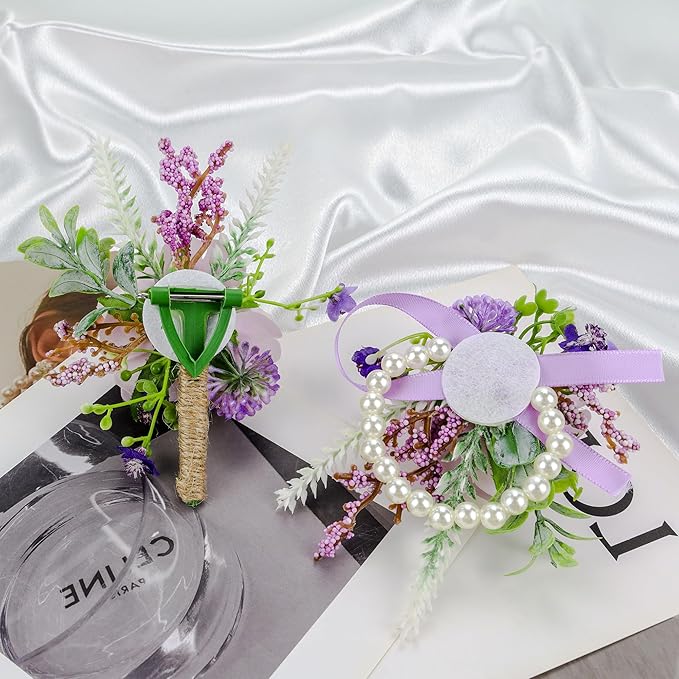 SITUMEIZI 2Pcs Purple Corsage and Boutonniere Set,Corsage Wristlet for Prom Decor,Boutonniere for Men Wedding Flowers Accessories Party Suit Decoration
