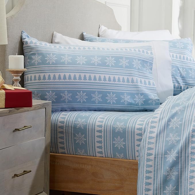 Market & Place 100% Cotton King Flannel Sheet Set | 4 Piece Deep Pocket Novelty Cozy Winter Bed Sheets | Double Brushed for Extra Softness & Comfort | Alpine Collection (King, Striped Snowflake)