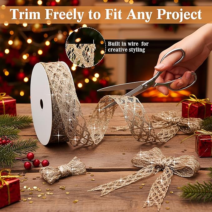 Geosar 20 Yards Champagne Gold Glitter Mesh Wired Ribbon for Christmas Tree Decorations, Gift Wrapping, DIY Craft, Xmas Wreaths, Cabinet Decor (1.5 Inch)