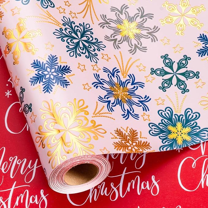 MAYPLUSS Christmas Wrapping Paper - 17 Inch X 33 Feet - Gold Snowflakes Against Pink Reversible Merry Christmas Gift Wrapping Paper, Metallic Foil Thick Gift Wrap Paper for Holiday Party New Year Kids