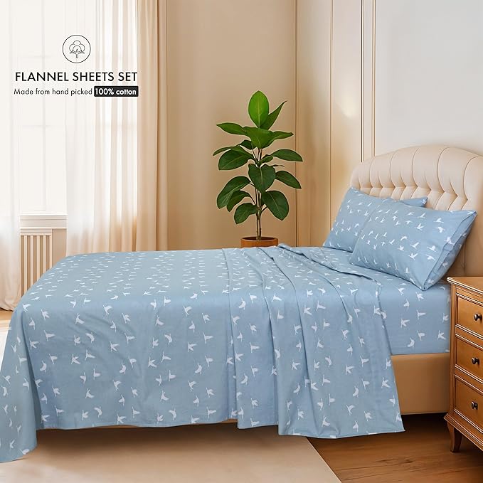 RUVANTI Flannel Sheets Full Size - 100% Cotton Double Brushed Bed Sheets Set, Deep Pockets 16 Inches, All Seasons Breathable & Extra Soft Full Sheets, Warm & Cozy, 4 Piece, We Fly