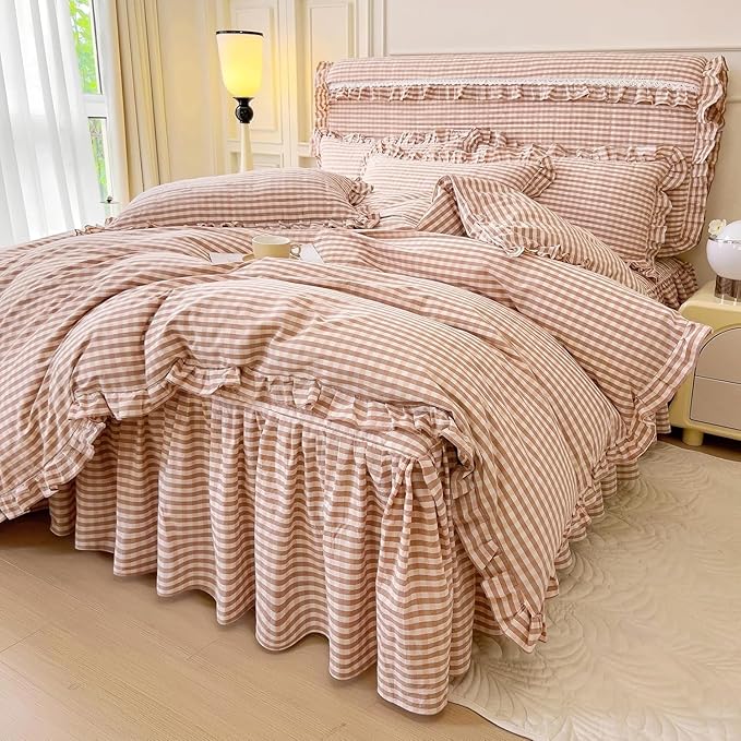 LifeTB Pink Gingham Comforter Set Twin XL Vintage Ruffle Pink Plaid Comforter Set Soft Fluffy 3 Pieces Grid Checkered Pattern Comforter with 2 Pillowcases Farmhouse Gingham Bedding Set Twin XL