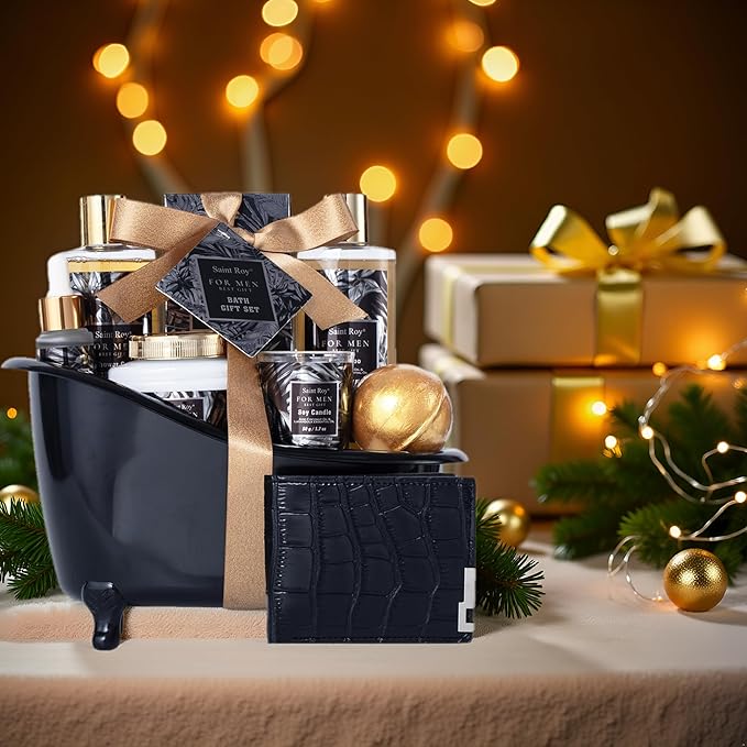 Gift for Dad Spa Gifts for Men, Bath & Body Kit, Spa Gift Set, Man Spa Basket Set for Dad, Mens Perfume Bath and Body Gift Set, Ideal Christmas Birthday Self Skin Care Set for Man Leather Wallet