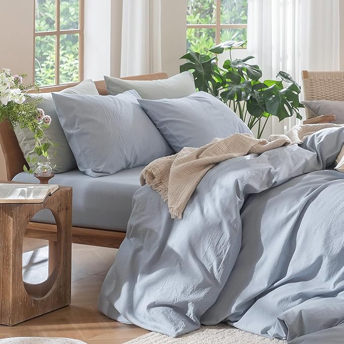 MooMee Bedding Duvet Cover Set 100% Washed Cotton Linen Like Textured Breathable Durable Soft Comfy (Heathered Cornflower Blue, Super King Plus 120"x120")