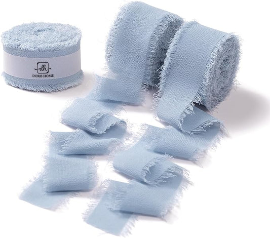 DORIS HOME Dusty Blue Chiffon Ribbon for Flower Bouquet, 1" x21Yd Fabric Ribbon for Gift Wrapping, Handmade Frayed Ribbon for Wedding Invitations/Christmas Decorations