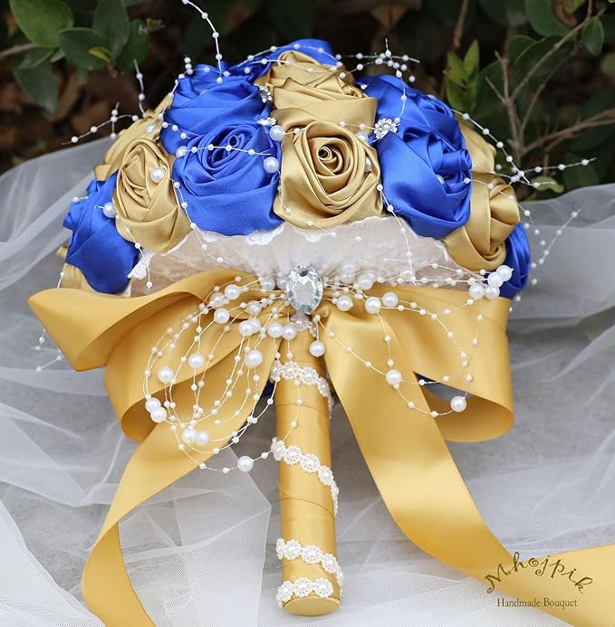 Bridal Wedding Bouquet Round Bling Brooch Bouquet Throw Toss Artificial Rose Flower Bunch for Bride Bridesmaid Wedding Quinceanera(Royal Blue & Gold, 7.5")