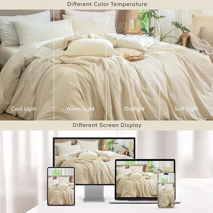 MooMee Striped Duvet Cover Set 100% Washed Cotton Linen Like Textured Breathable Durable Soft Comfy (Almond Milk Grey White Wide Stripes, Queen 90"x90")